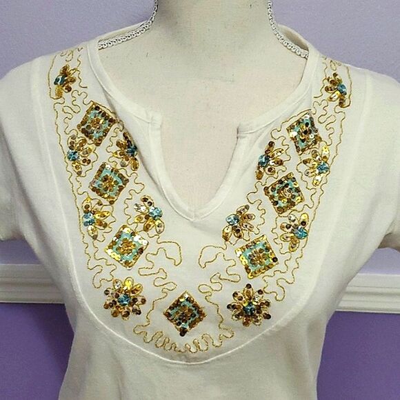 Red Paint White Sequined Y2K Retro Hippie Waist Tie Knit Top - Picture 2 of 8